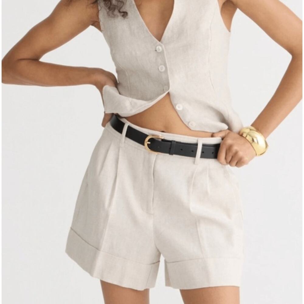 J.Crew Remi Linen Pleated Shorts Cuffed High Rise Women Size 0 Beige Khaki